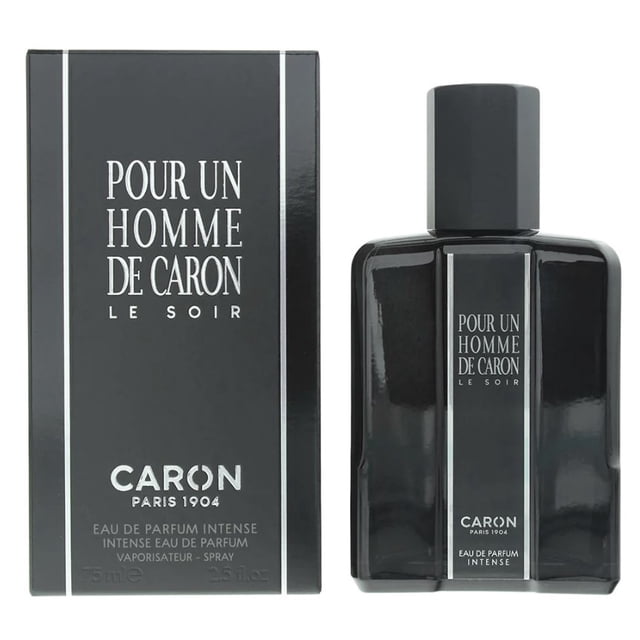 Caron pour un Homme le Soir 125 ml eau de Parfum Intense pour Hommes, Présentant une Bouteille Noire Élégante avec Texte Blanc et Emballage Assorti. Ce Parfum Ambre Fougère, Lancé en 2022, Offre un Parfum Intense et Sophistiqué. la Bouteille Est Étiquetée avec « pour un Homme de Caron le Soir » et « eau de Parfum Intense ».