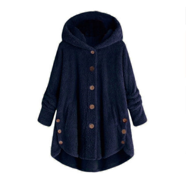 Qertyioot Women Plus Size Button Plush Tops Hooded Loose Cardigan Wool Coat Winter Jacket