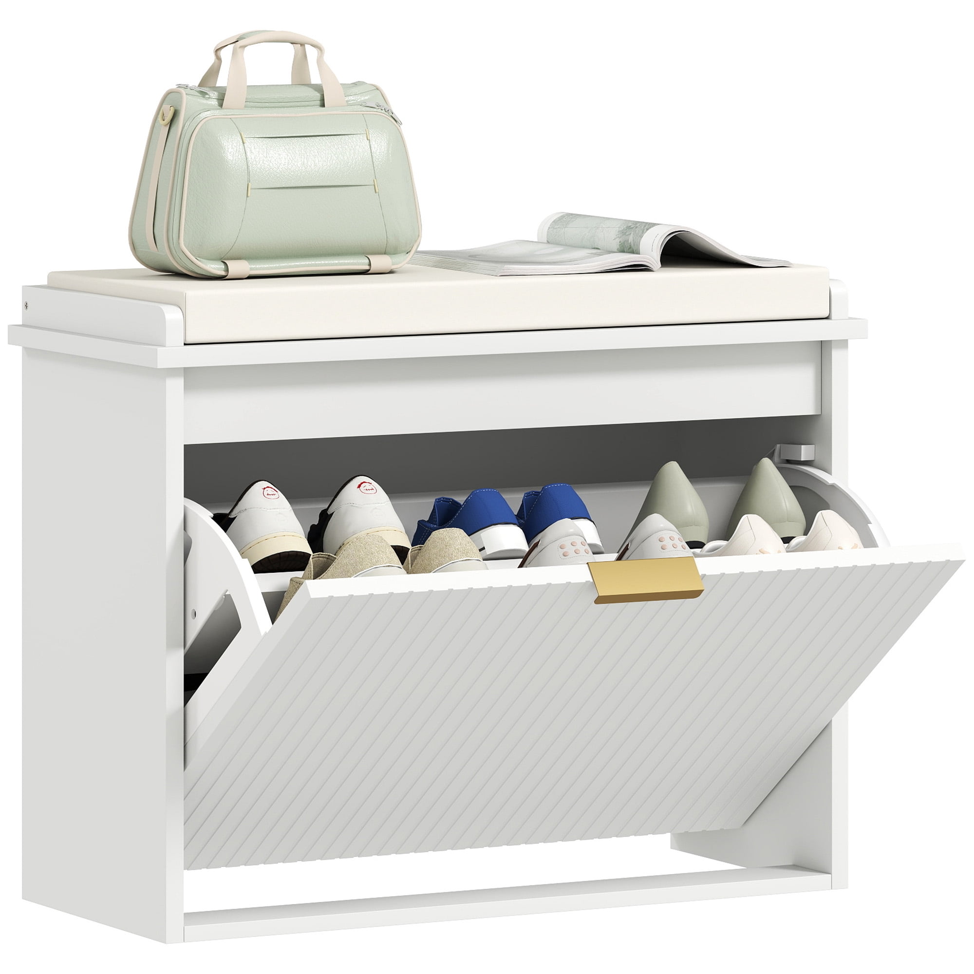 HOMCOM Banc à Chaussures avec Siège Rembourré et Tiroir Basculant pour 6 Paires, Blanc