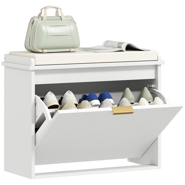 HOMCOM Banc à Chaussures avec Siège Rembourré et Tiroir Basculant pour 6 Paires, Blanc. un Banc de Rangement compact Blanc avec un Siège Coussiné beige et un Tiroir Basculant Pouvant Contenir jusqu'à six Paires de Chaussures. Comprend un Panneau en Perles avec une Poignée de Traction à Bord Doré, Idéal comme Banc d'Entrée Ou comme Banc de Fenêtre. Fait de MDF et de Panneau de Particules avec une Capacité de Charge de 265 Lb.