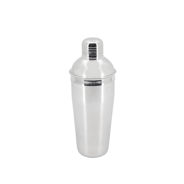 Houdini Cocktail Shaker in stainless steel with a polished finish, featuring a three-piece design with integrated strainer and cap, 16.9 oz (500 mL) capacity, dishwasher safe, ideal for mixing cocktails and often used for shaking protein drinks.