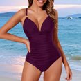 thumbnail image 2 of VBTAPA Tummy Control Swimsuits for Women Full Coverage One Piece Bathing Suits Metal Halter V Neck Ruched Slimming Swimwear Big Sales Today Wine L, 2 of 5