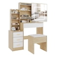thumbnail image 1 of Vanity Desk Set with 3-Color Dimmable LED Mirror, Sliding Hidden Mirror Design, Built-in Power Outlet, 4 Storage Drawers and Shelf, Cushioned Stool for Bedroom, 1 of 8