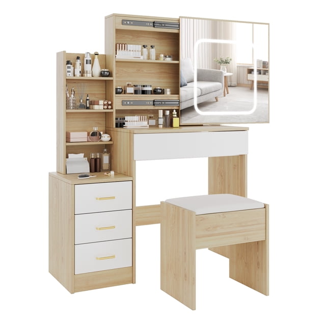 Vanity Desk Set with 3-Color Dimmable LED Mirror, Sliding Hidden Mirror Design, Built-in Power Outlet, 4 Storage Drawers and Shelf, Cushioned Stool for Bedroom