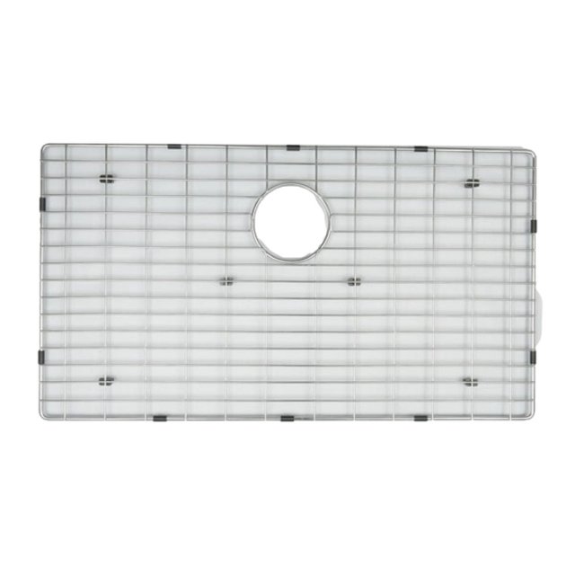 American Imaginations 30-in. W Kitchen Sink Grid AI-34814, rectangular stainless steel grid with chrome finish designed for drop-in installation, featuring a central circular drain cutout and black protective bumpers to prevent scratches, ideal for kitchen sink protection and organization.