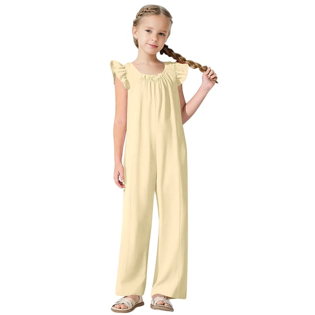Diufon Combinaison Fille Manches à Volants Smockée Col Rond Pantalon Été Mignon avec Poches