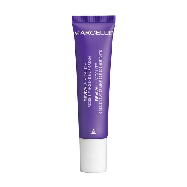 Marcelle Revival+ Vitality Redensifying Eye & Lip Cream in a purple tube with white cap, formulated to improve skin firmness and elasticity around eyes and lips during menopause, enriched with vitamin D, turmeric, hyaluronic acid, urea, and squalane, also suitable as an eye moisturizer for sensitive skin.