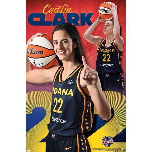 WNBA Indiana Fever - Caitlin Clark 24 Affiche Murale Montrant Caitlin Clark en Uniforme de basketball Bleu Marine Indiana Fever Numéro 22 avec Bordure Jaune et Rouge, Tenant un Ballon de basketball Wilson et Levant un Doigt, sur Fond Graphique Rouge et Jaune avec Grands Chiffres Bleus et Jaunes et le logo Indiana Fever.