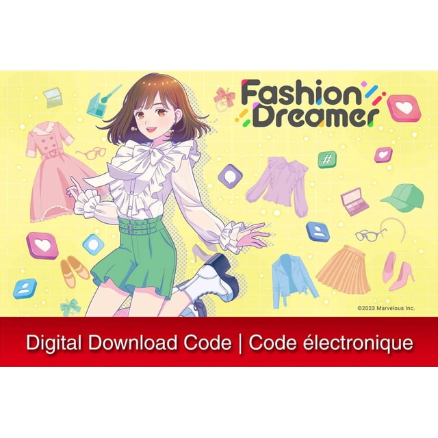 Fashion Dreamer - Nintendo Switch digital code cover art featuring an animated female character wearing a white ruffled blouse with a large bow and green high-waisted shorts with a double belt, paired with white platform boots. The yellow background displays floating fashion items including a pink dress, purple blouse, blue jacket, orange skirt, green cap, pink heels, glasses, makeup palette, and social media icons for likes and comments.