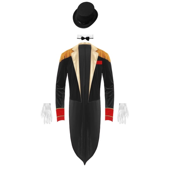 iiniim Men Circus Ringmaster Showman Costume Cosplay Uniform Tailcoat Jacket Suit with Hat for Halloween Party Black XXL
