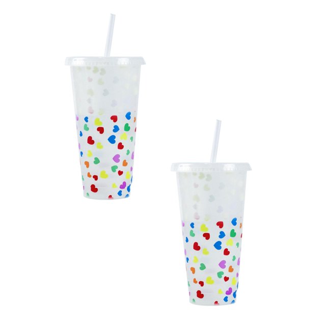 Oleegame 2PC Glass Bottle Creative Water Cup Heart Shape Cup PP Plastic Straw Cup Heart Shape Plastic Transparent Straw Cup 710ml Cold Change Temperature Sensitive Plastic Cup