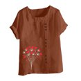 thumbnail image 4 of Économies d'Été! Horkkom Hauts Grande Taille pour Femmes Été Décontracté Chemises en Lin à Manches Courtes Col Rond Imprimé Floral Blouses Amples, 4 of 4