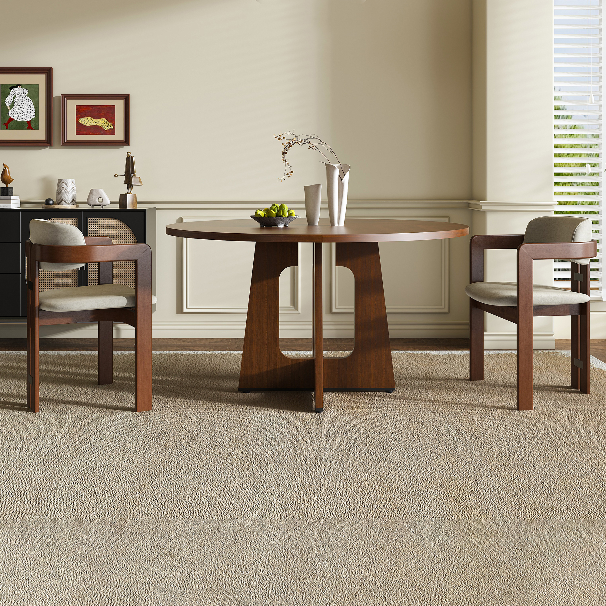 Noble House 47" Round Dining Table for 4,Farmhouse MDF Circle Table with Wood Grain Finish,Walnut