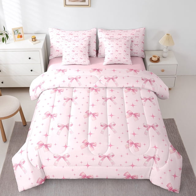 Erosebridal Girly Pink Bowknot Bedding Sets King Size, Cute Princess Comforter Sets with Sheets, Ribbon Decor, Reversible 7-Piece
