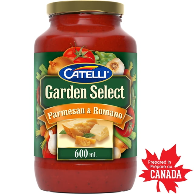 Catelli Garden Select Sauce pour Pâtes Aromatisée au Parmesan et au Romano, Pot de 600 ml avec Couvercle Doré, Sauce Rouge Épaisse et Lisse Faite à Partir de six Légumes du Jardin, Dont les Tomates, les Oignons, l'Ail, les Poivrons Verts, le Céleri et les Carottes, Mélangée avec des Herbes et des Épices, Préparée au Canada.