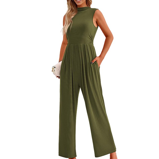 YTDSCS Womens Sleeveless Jumpsuits Summer One Piece Wide-Leg Pants Women's Solid Color Rompers with Pocket S-2XL