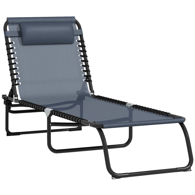 Outsunny chaise Longue Pliante d'Extérieur avec Appuie-Tête - Ensemble de 1, Gris. une chaise Longue Inclinable avec Tissu Maillé Gris Respirant à Séchage Rapide et un Cadre en Acier Enduit de Poudre. Comprend un Appuie-Tête Rembourré, un Système Ergonomique de suspension à Corde Élastique et 4 positions de Dossier Réglables. Légère et Pliable pour la Portabilité, Idéale pour le camping, le Bord de la Piscine Ou la Plage.