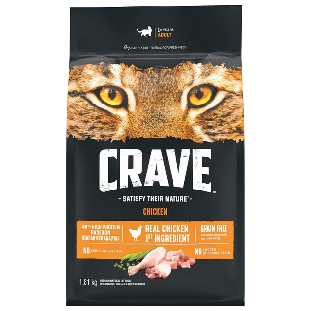 Crave Real Chicken High Protein Dry Cat Food 1.81 kg bag with a black background featuring a close-up of a wild cat's amber eyes, highlighting real chicken as the first ingredient, 40% protein, grain-free formula with no corn, wheat, or soy, ideal for adult cats 1+ years.