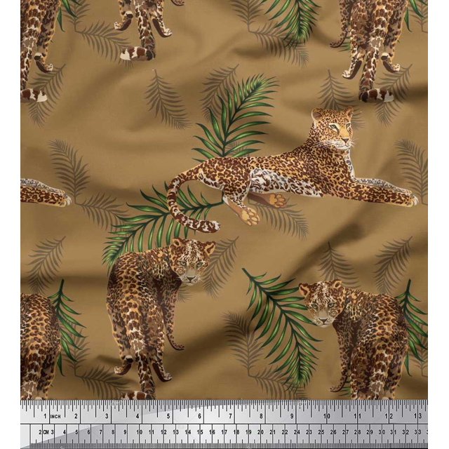 Soimoi Polyester Crepe Fabric Leaves & Leopard Animal Printed Fabric 1 Yard 52 Inch Wide