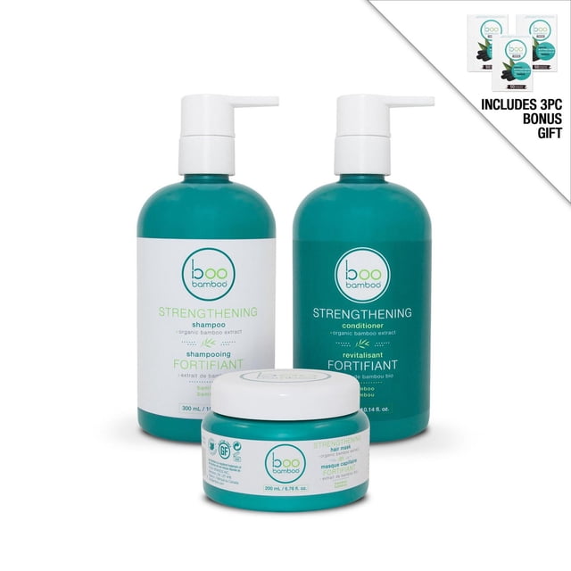 Boo Bamboo All Natural 3pc Strengthening Hair Set with 300ml shampoo and conditioner bottles featuring organic bamboo extract and a 200ml hair mask jar, all in teal containers with white pumps and lids, plus a bonus gift of three 50-pack charcoal blotting linens for oil absorption and mattifying skin.
