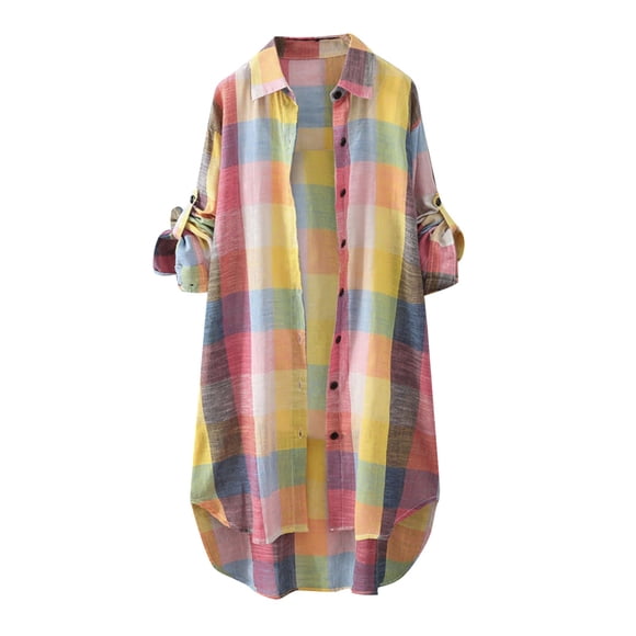 Blouse For Woman Mid Length Summer Ladies Clothing Loose Plaid Shirt Coat Women'S Cardigan Hot Pink Xxl
