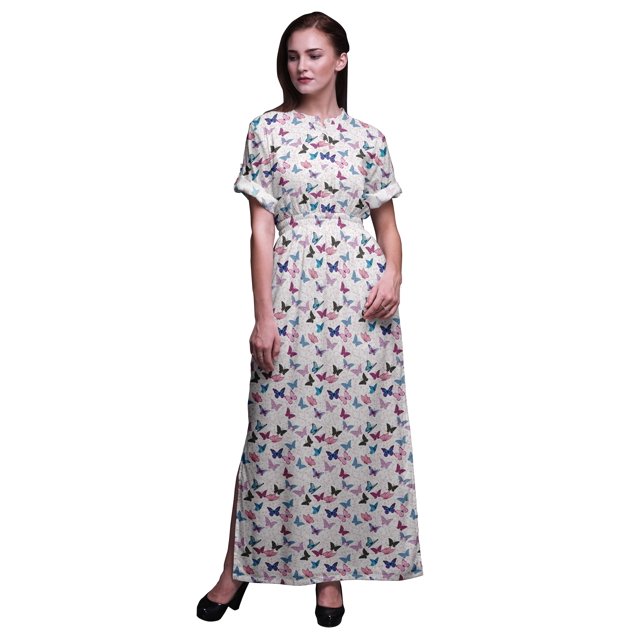Bimba Rayon Artistic Butterfly Printed Gown Kimono Sleeves Summer Long Maxi SlitDress-Medium