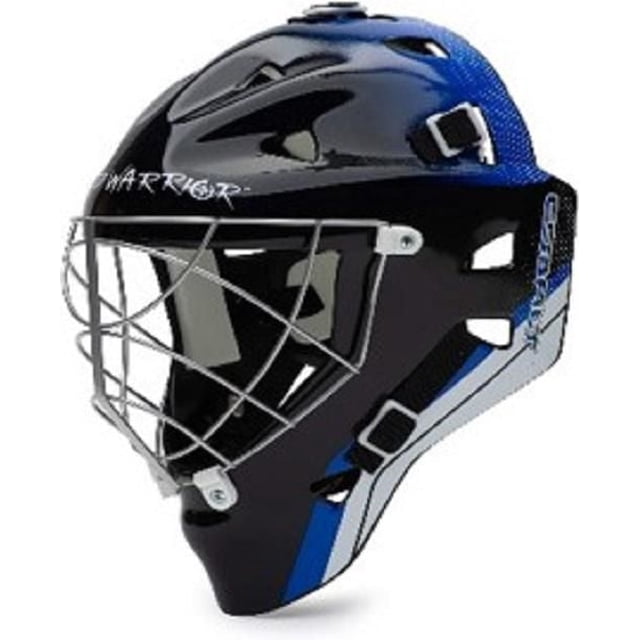 Road Warrior Street Hockey Cobalt Mask in side profile featuring a molded plastic shell with black and cobalt blue colors, chrome metal cage, vented design with foam padded liners for comfort, and a fully adjustable 5-point harness for a secure fit, suitable goalie equipment for street hockey.