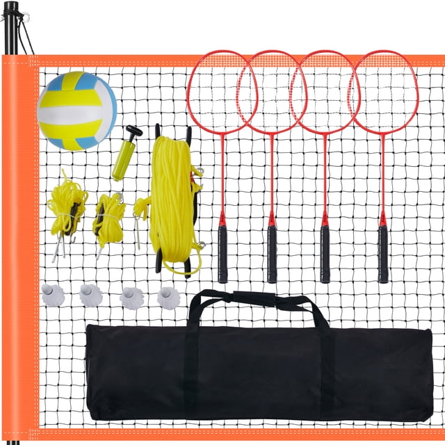 KFFKFF Set for Volleyball and Badminton, Conveniently Portable Outdoor Badminton Net, Steel Poles with Adjustable Height, Comprehensive Combo Set including PVC Volleyball, Pump, and Carrying Bag