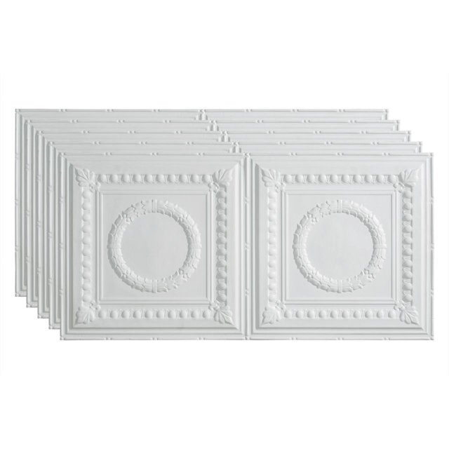 Fasade Rosette Vinyl 2ft x 4ft Glue Up Ceiling Panel Matte White 5 Pack