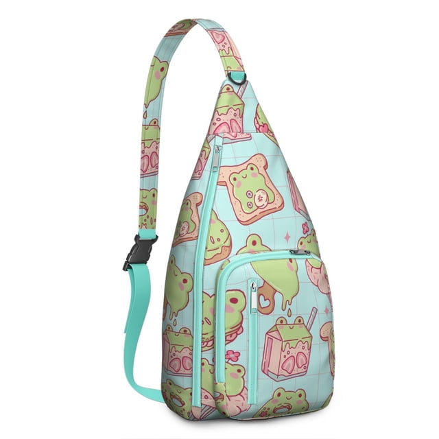 Nature Frog Sling Backpack - Cute Green Frog & Mushroom Pattern Crossbody Bag, Fashionable Shoulder Pack for Hiking & Shopping