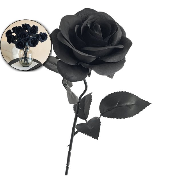 Dvruxg Artificial Flowers Roses, Fake Silk Flower Long Stem Artificial Rose for Halloween Home Wedding Party Decorations(Black)