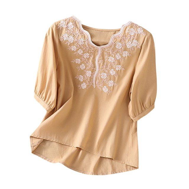Pompotops Chemisier Femme à Manches Sept Quarts en Coton et Lin avec Manches Lanterne