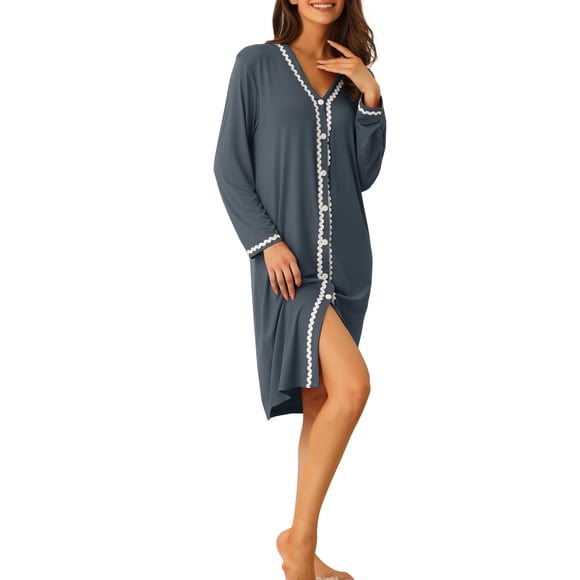 INSPIRE CHIC Women's Button Down Nightgowns Long Sleeve Sleepshirt Pajama Dress L Grey