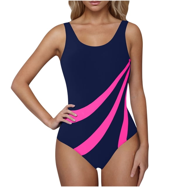 fheaev One Piece Swimsuit for women High Cut Bathing Suits Color Block Print Backless V Neck Modest Athletic Training Sporty Swimwear