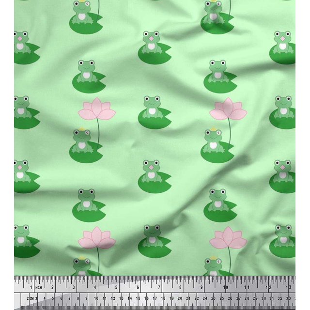 Soimoi Moss Georgette Fabric Lotus & Frog Kids Decor Fabric Printed Yard 42 Inch Wide