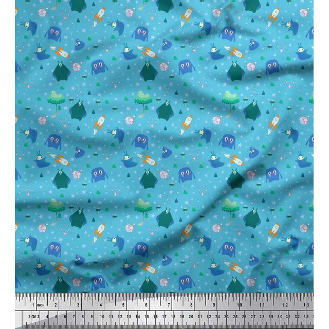 Soimoi Rayon Crepe Fabric Star,Planet & Alien Cartoon Printed Fabric 1 Yard 46 Inch Wide