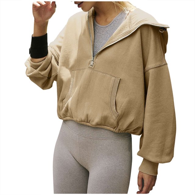Penkiiy Sweat à Capuche pour Femmes Mode Pull Col en V avec Poche Zippée Manches Longues Khaki Y2K