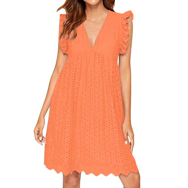 Ketyyh-chn99 Robes pour Femmes Grande Taille Robe Mini Robe de Fête Robe Droite Unie pour Vacances Robe à Enfiler Robe de Plage Orange,3TG