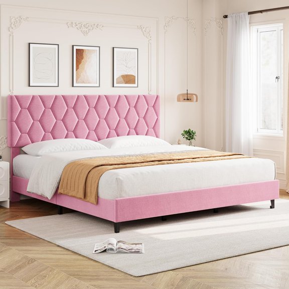 Cadre de Lit Plateforme Très Grand Beige Rembourré avec Tête de Lit, Sans Sommier Requis, Silencieux pour Chambre