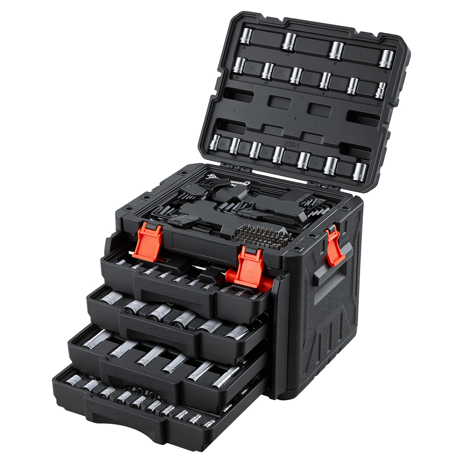 KFFKFF Mechanics Tool Set, 230-Piece Mechanic Tool Kit, 1/4 in, 3/8 in, and 1/2 in Drive, SAE and Metric Socket Set, Wrenches, Screwdriver Bits, Accessories, and Storage Case