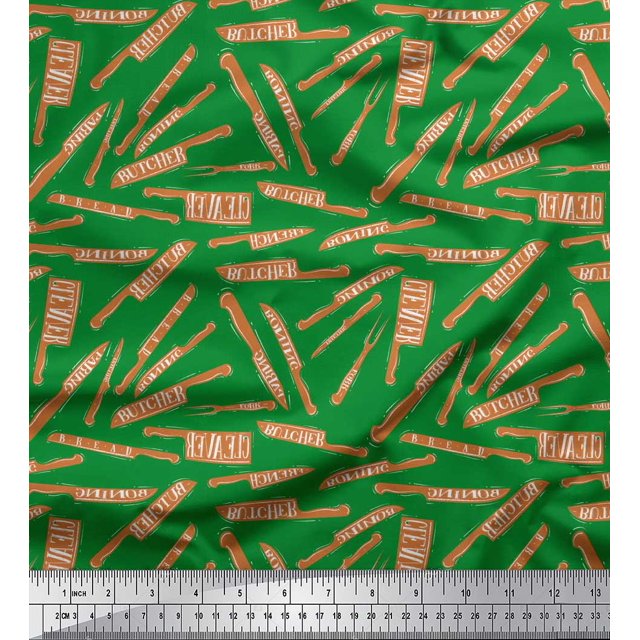 Soimoi Green Silk Fabric Text & Knife Kitchen Print Fabric by the Yard 42 Inch Wide
