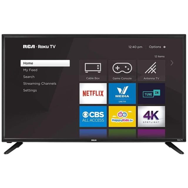 RCA 40" 1080p LED Roku Smart TV displaying the Roku home screen with streaming apps like Netflix, CBS All Access, HappyKids.tv, and 4K Spotlight, plus input options for cable box, game console, and antenna TV, featuring a slim black bezel and dual angled legs.