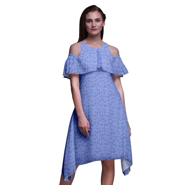 Bimba Robe Midi à Épaules Dénudées pour Femmes, Tunique de Fête, Manches Volantées, Imprimé Feuilles Bleues - XXX-Large