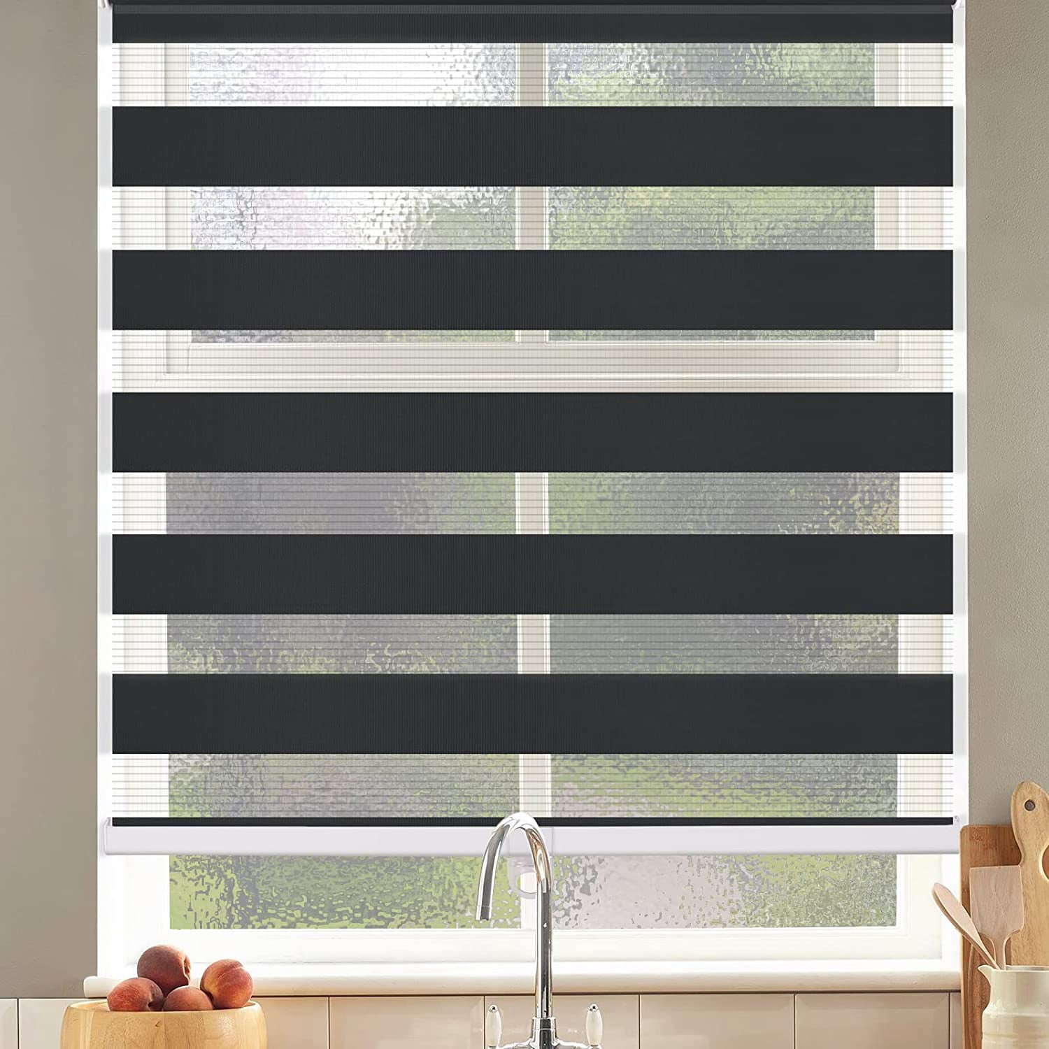 LUCKUP Cordless Zebra Blinds Roller shades for window Day and Night Blind Dual Layer Light Filtering Shade Light Control Room Darkening Horizontal Window Treatment 39" W X 72" H, Black