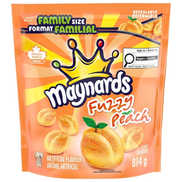 Maynards Pêche Duveteuse Candy Format Familial Sac Refermable avec Fond orange Vif à Rafales de Soleil Présentant des Bonbons Gélifiés en Forme de Pêche Enrobés de Sucre, Arôme Artificiel, Préparé au Canada, 814 g, Convient aux Soirées Cinéma et aux occasions Sociales.