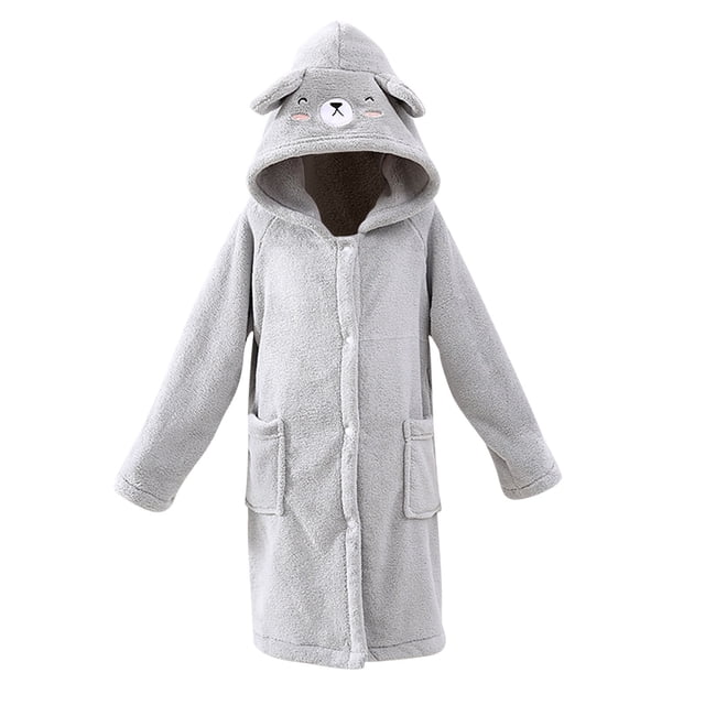 3-8 Years Boys Girls Fleece Robe Hooded Soft Warm Bathrobe Sleepwear For Kids Gray C