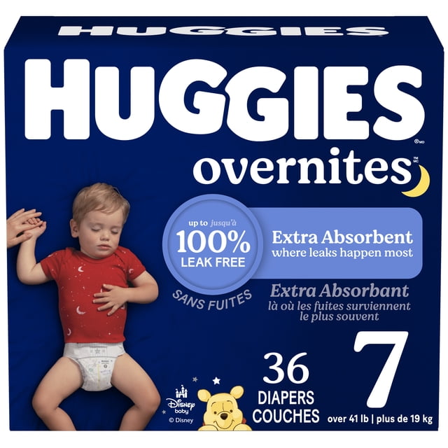 Huggies Overnites Nighttime Baby Diapers Size 7 (41+ lbs) 36 Count box featuring a toddler wearing a red shirt and diaper, emphasizing up to 100% leak free overnight protection and extra absorbency, with Disney Winnie the Pooh design on packaging.