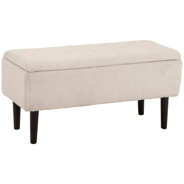 HOMCOM Ottoman avec Rangement et Pattes en Bois, Ottoman de Rangement 57 L, Blanc Crème. Cet Ottoman Rectangulaire Présente une surface en Tissu Velours teddy Blanc Crème avec Capitonnage à Boutons et Rembourrage en Mousse Épaisse pour le Confort. Il Comprend un Compartiment de Rangement 57 L sous le Siège, Idéal pour Ranger des Couvertures Ou des Serviettes. l'Ottoman Est Soutenu par des Pattes en Bois de Caoutchouc Noir Massif avec Patins en Feutre pour Protéger les Planchers. les Dimensions Sont de 37,4 Pouces de long, 15 Pouces de Large et 17,7 Pouces de Haut. Convient