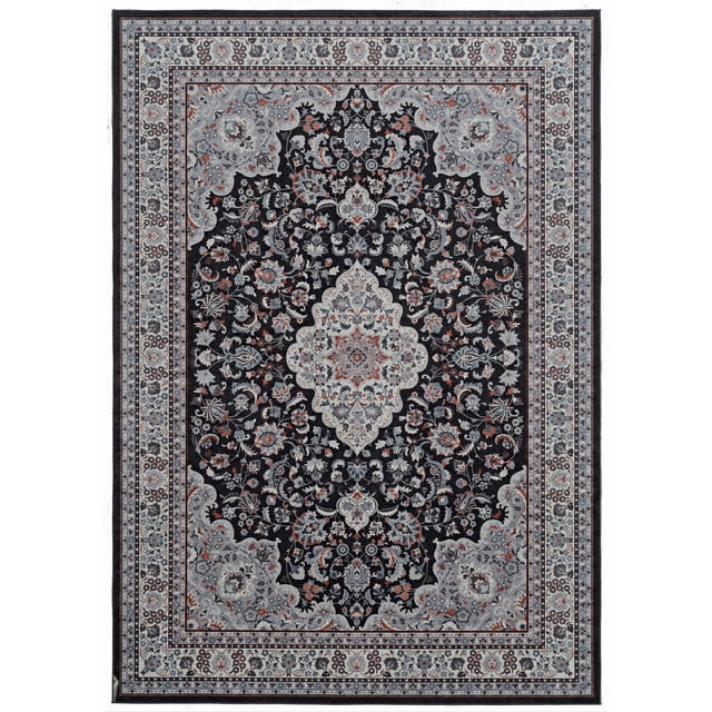 Emerald Duluth Navy & Teal 2'2" x 3'2" accent rug with low pile polyester construction, showcasing a traditional floral medallion pattern in navy, teal, cream, and rust hues, bordered by detailed motifs, finished with serged edges and a felt backing with rubber grips, ideal for high-traffic areas and defining room spaces.