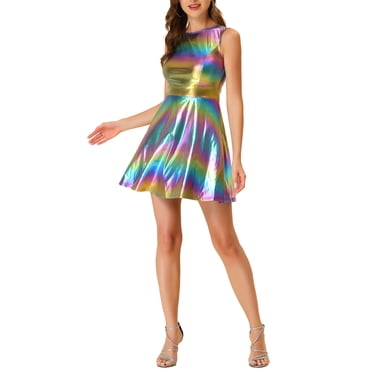 INSPIRE CHIC Women's Fit and Flare Dress Metallic Sleeveless Round Neck High Waist Party Mini Dresses S Blue Purple
